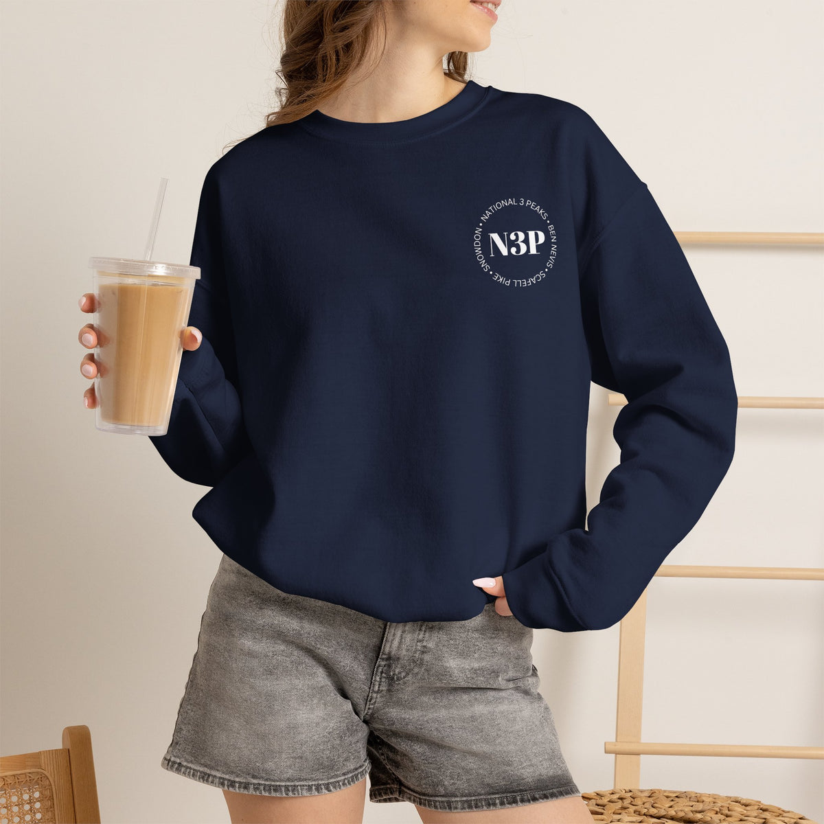 Minimal 'N3P' National 3 Peaks Logo Crewneck Sweatshirt – Small Chest Emblem, Casual Everyday Pullover