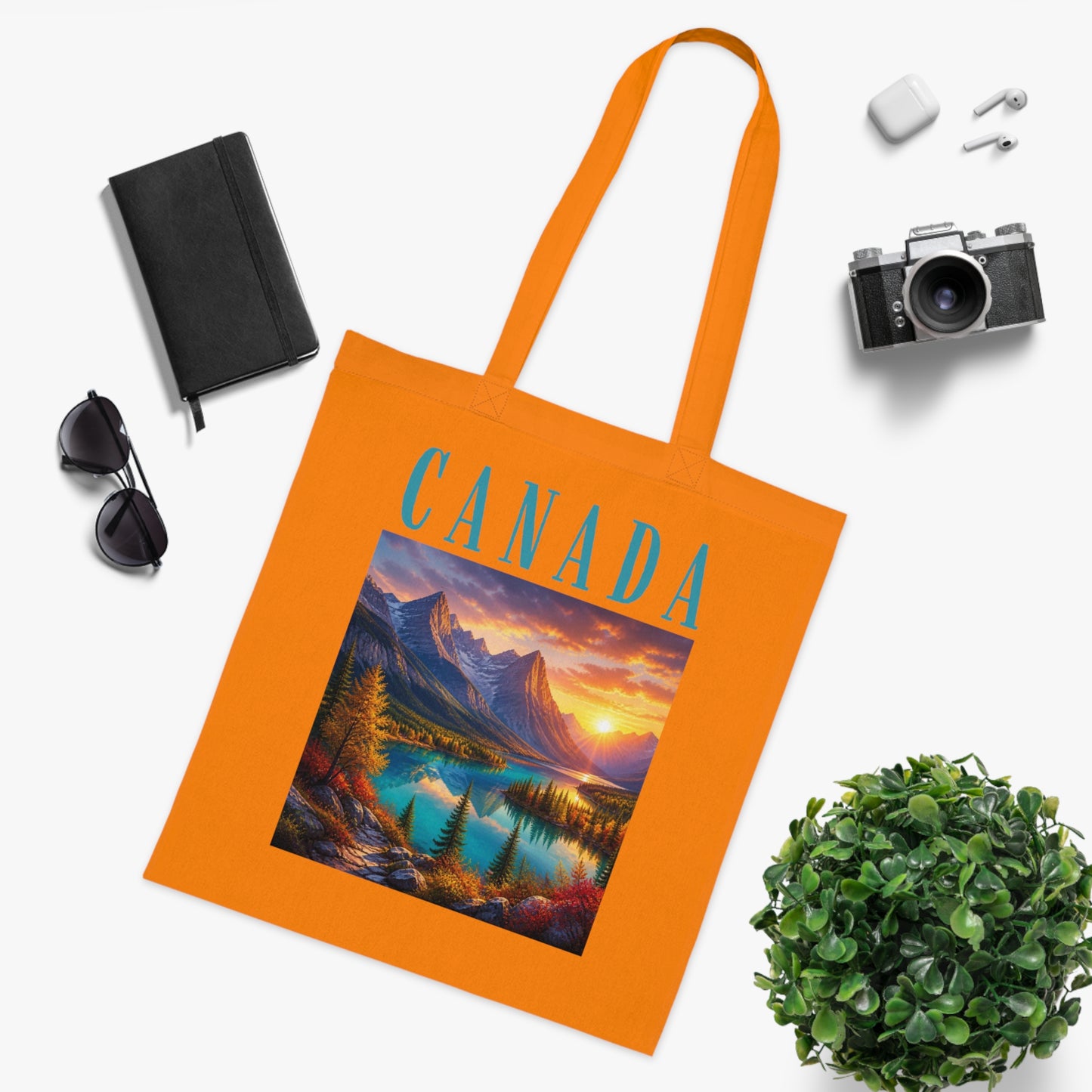 Canada Scenic Tote Bag — Mountain Lake Sunset Cotton Tote for Travel, Souvenir & Gift