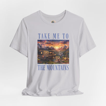 Take Me to the Mountains Sunset Tee — Scenic Cabin Sunset Graphic T-Shirt