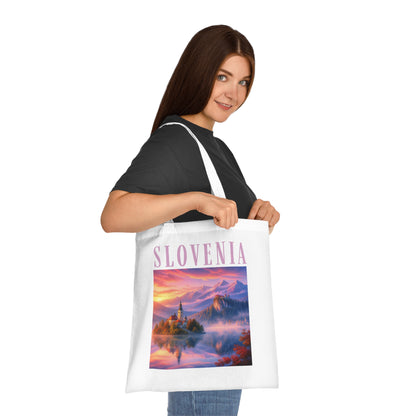 Slovenia Scenic Cotton Tote Bag — Sunset Lake Mountain Travel Souvenir