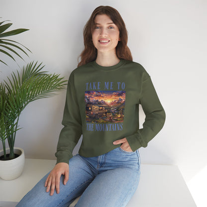 Take Me To The Mountains Sunset Crewneck Sweatshirt — Scenic Cabin Mountain Graphic