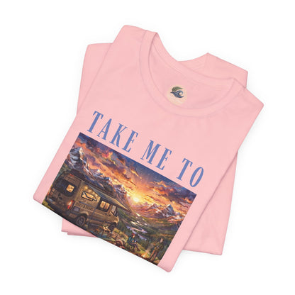 Take Me to the Mountains Sunset Tee — Scenic Cabin Sunset Graphic T-Shirt