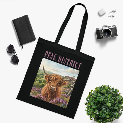 Peak District Highland Cow Tote Bag – Scenic Cotton Shopper with 'Peak District' Text