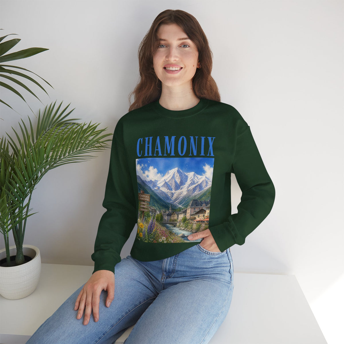Chamonix Mountain Crewneck Sweatshirt — Alpine Scenic Graphic