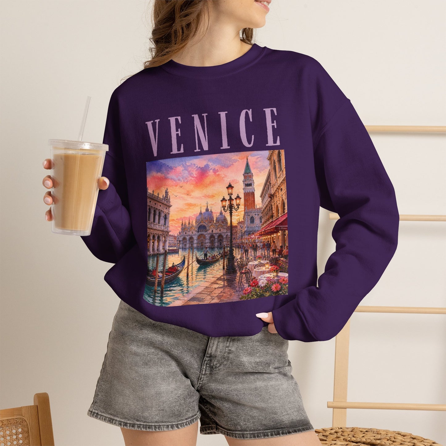 Venice Sunset Crewneck Sweatshirt — Vintage Canal Travel Graphic