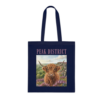 Peak District Highland Cow Tote Bag – Scenic Cotton Shopper with 'Peak District' Text