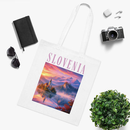 Slovenia Scenic Cotton Tote Bag — Sunset Lake Mountain Travel Souvenir