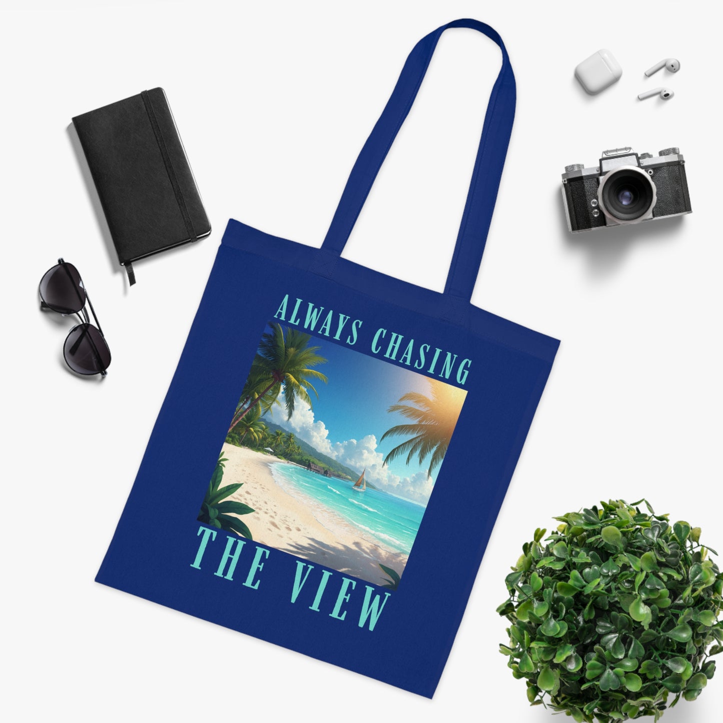 Railay Beach Tote Bag – "Always Chasing the View" Tropical Cotton Tote