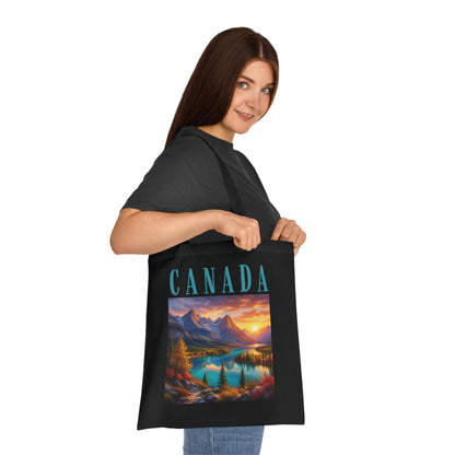 Canada Scenic Tote Bag — Mountain Lake Sunset Cotton Tote for Travel, Souvenir & Gift