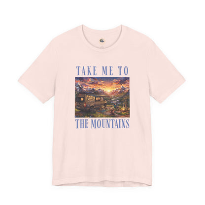 Take Me to the Mountains Sunset Tee — Scenic Cabin Sunset Graphic T-Shirt