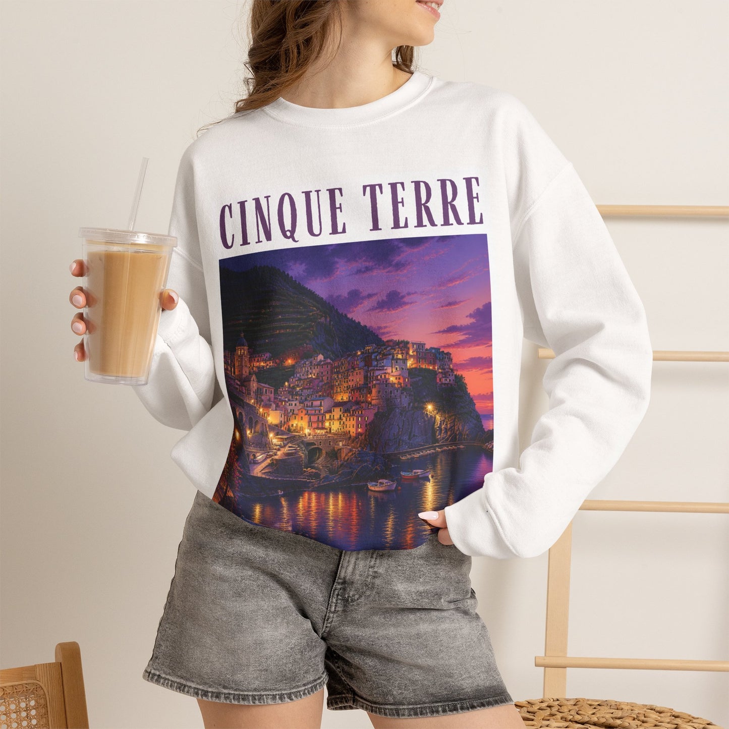 Cinque Terre Sunset Crewneck Sweatshirt – Italian Riviera Travel Graphic