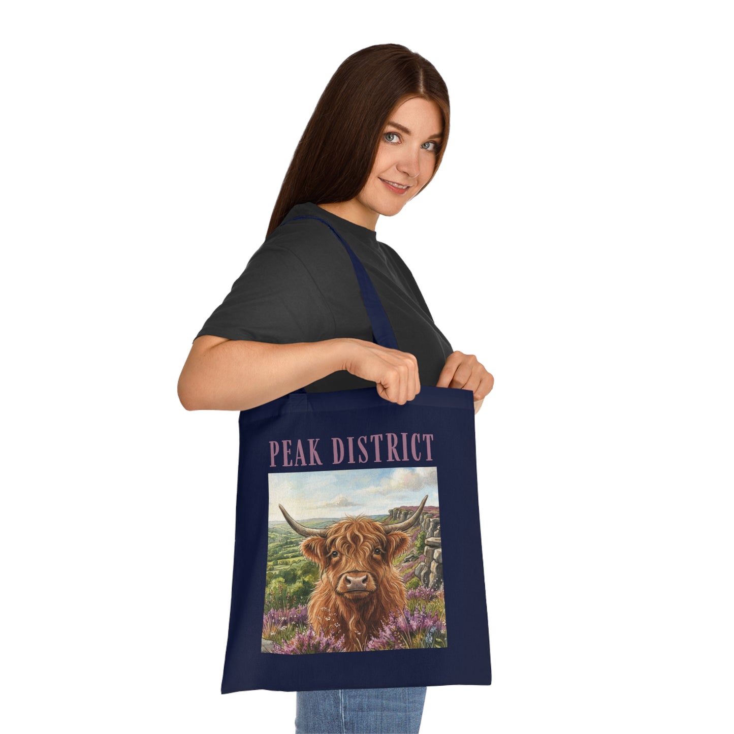 Peak District Highland Cow Tote Bag – Scenic Cotton Shopper with 'Peak District' Text