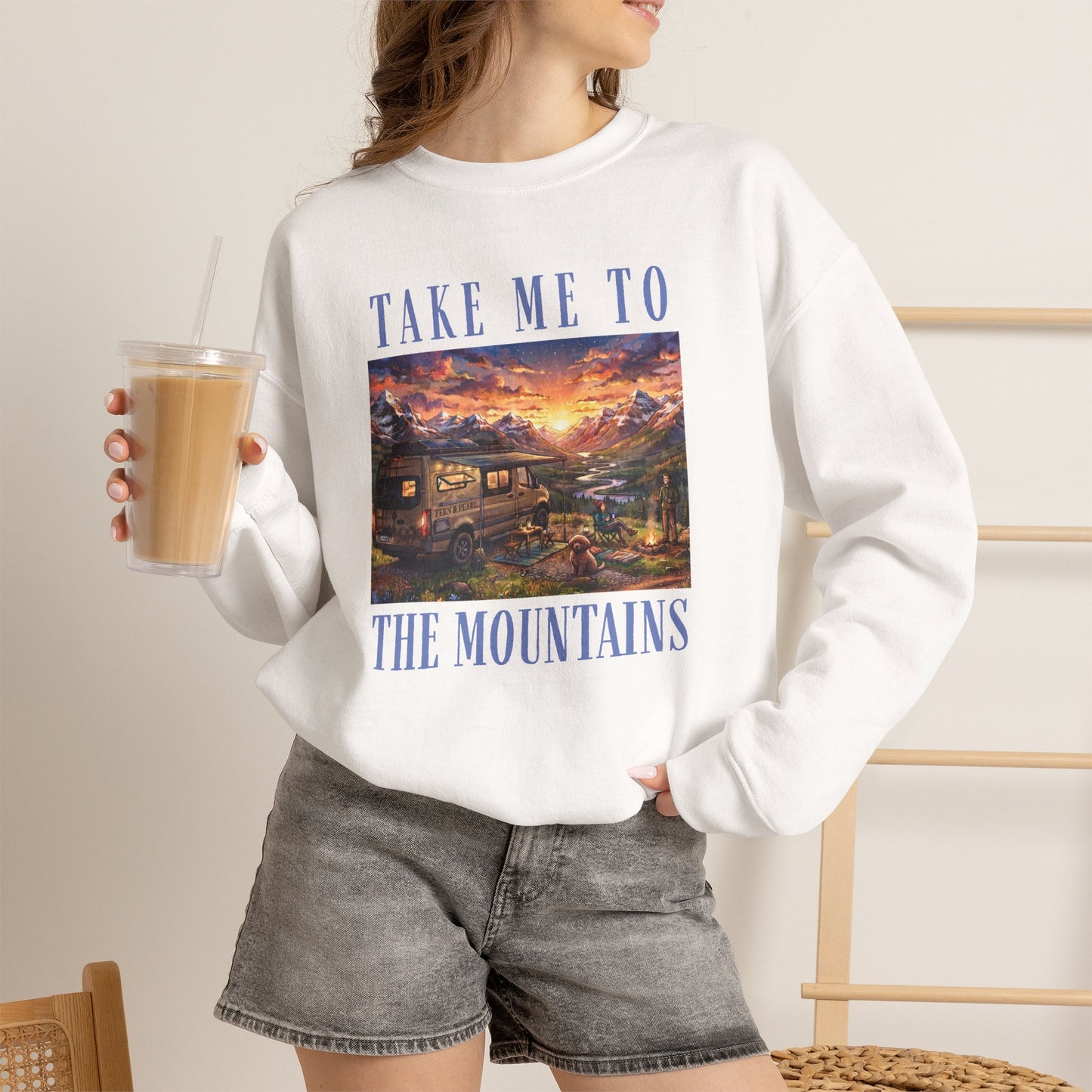 Take Me To The Mountains Sunset Crewneck Sweatshirt — Scenic Cabin Mountain Graphic