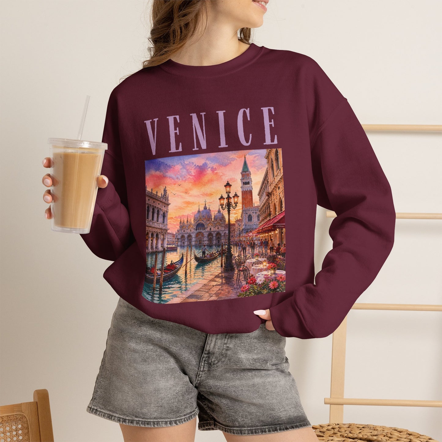 Venice Sunset Crewneck Sweatshirt — Vintage Canal Travel Graphic