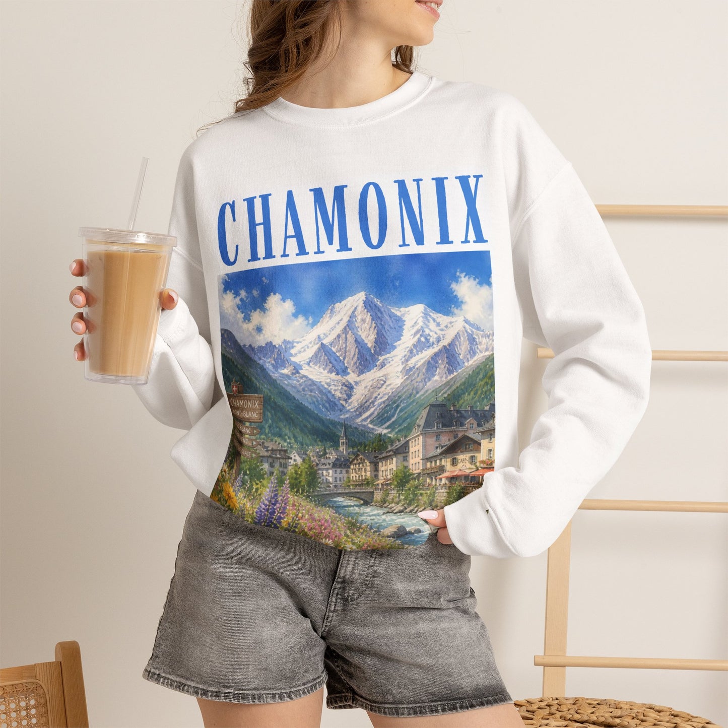 Chamonix Mountain Crewneck Sweatshirt — Alpine Scenic Graphic