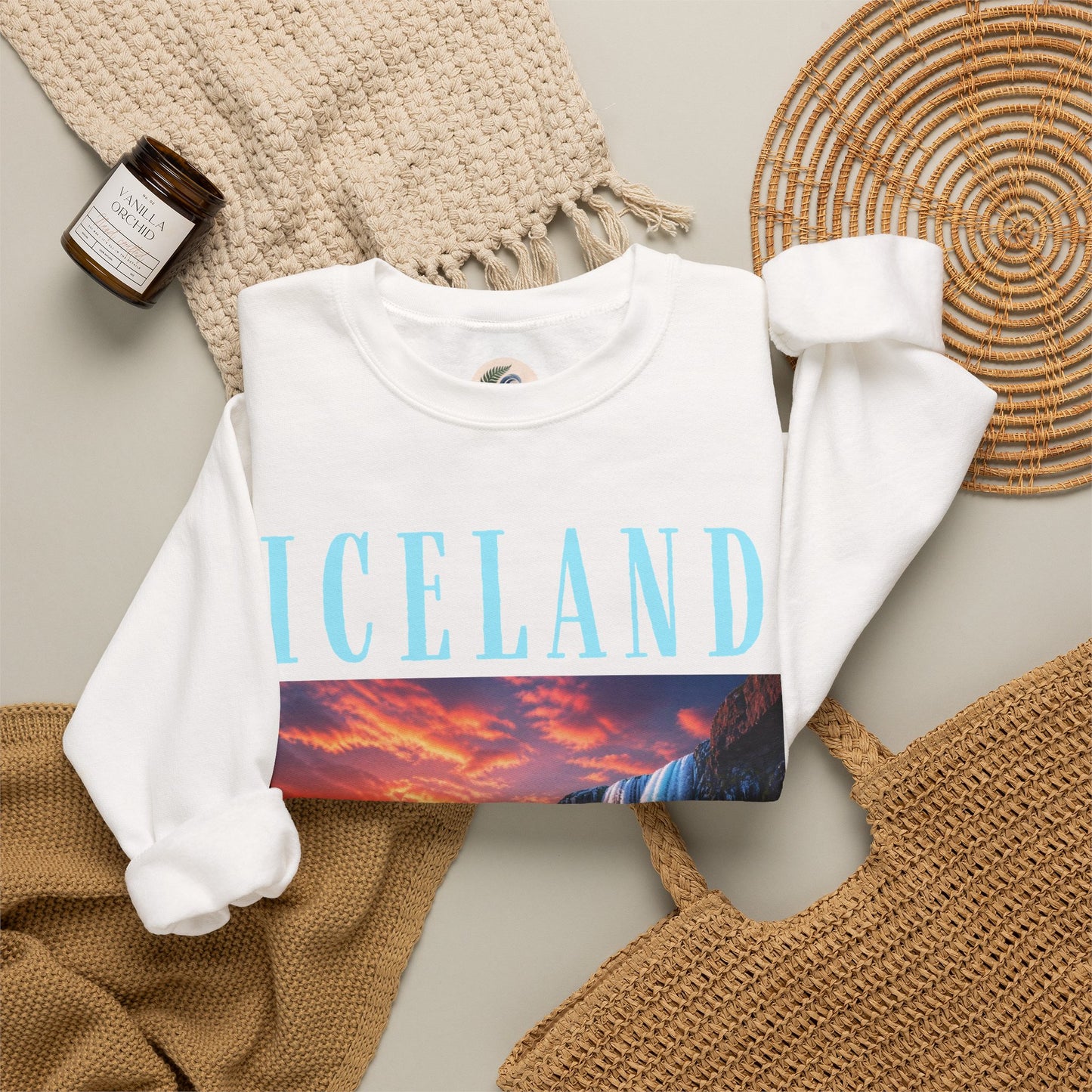 Iceland Waterfall Crewneck Sweatshirt — Scenic Sunset Travel Pullover