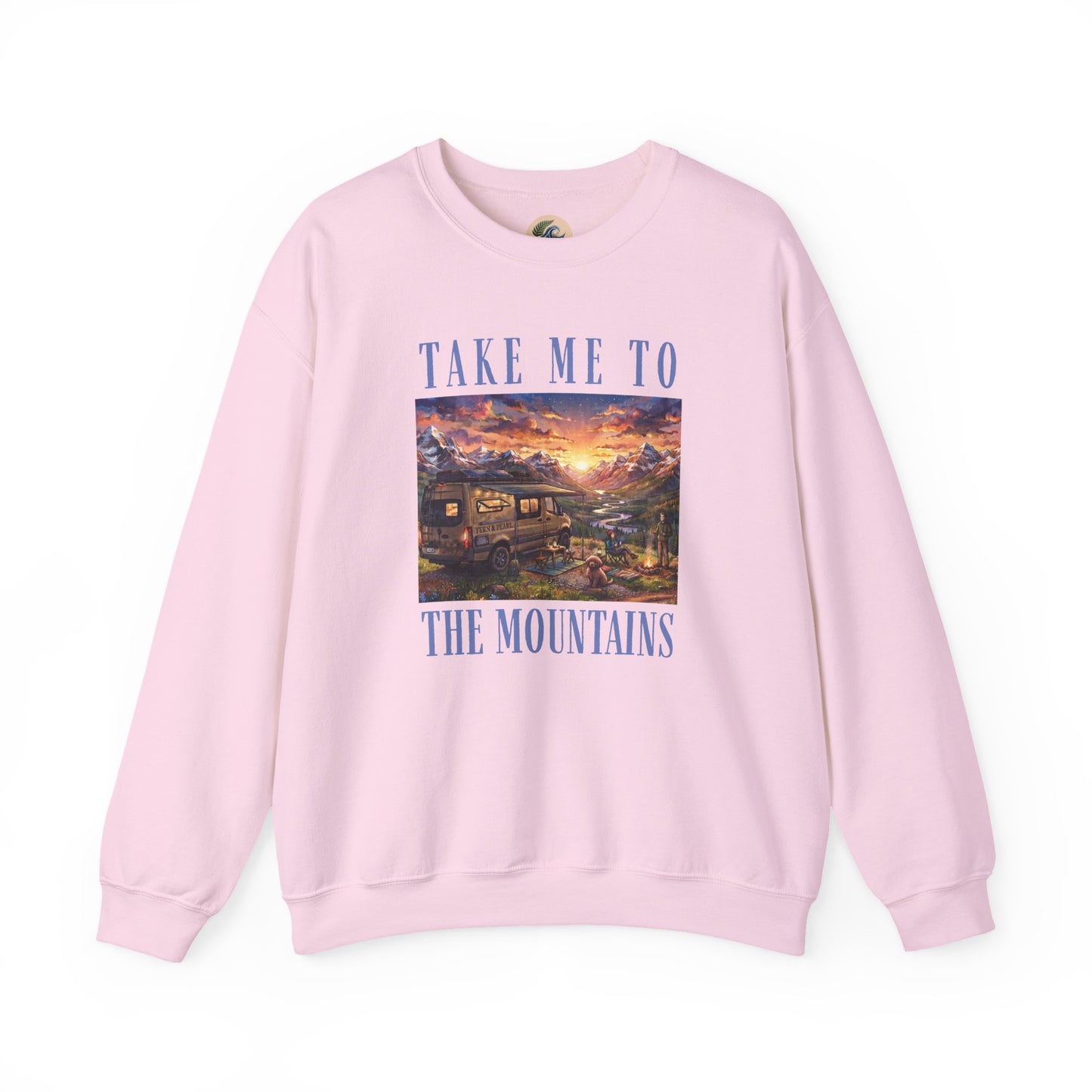Take Me To The Mountains Sunset Crewneck Sweatshirt — Scenic Cabin Mountain Graphic
