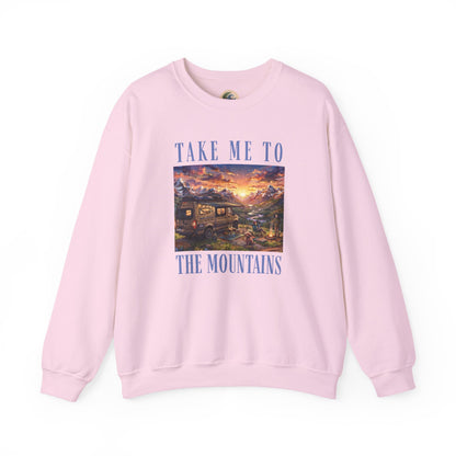 Take Me To The Mountains Sunset Crewneck Sweatshirt — Scenic Cabin Mountain Graphic