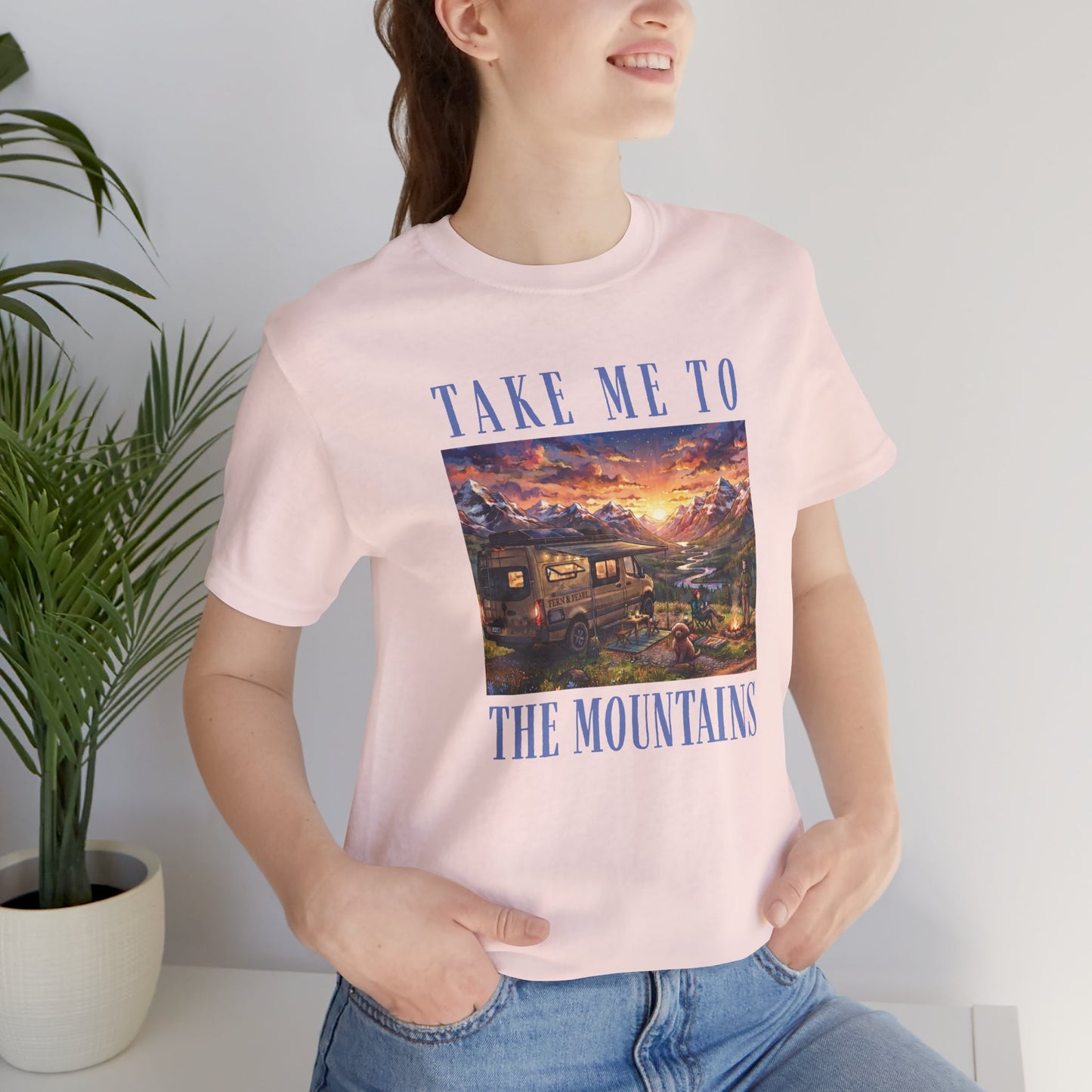 Take Me to the Mountains Sunset Tee — Scenic Cabin Sunset Graphic T-Shirt