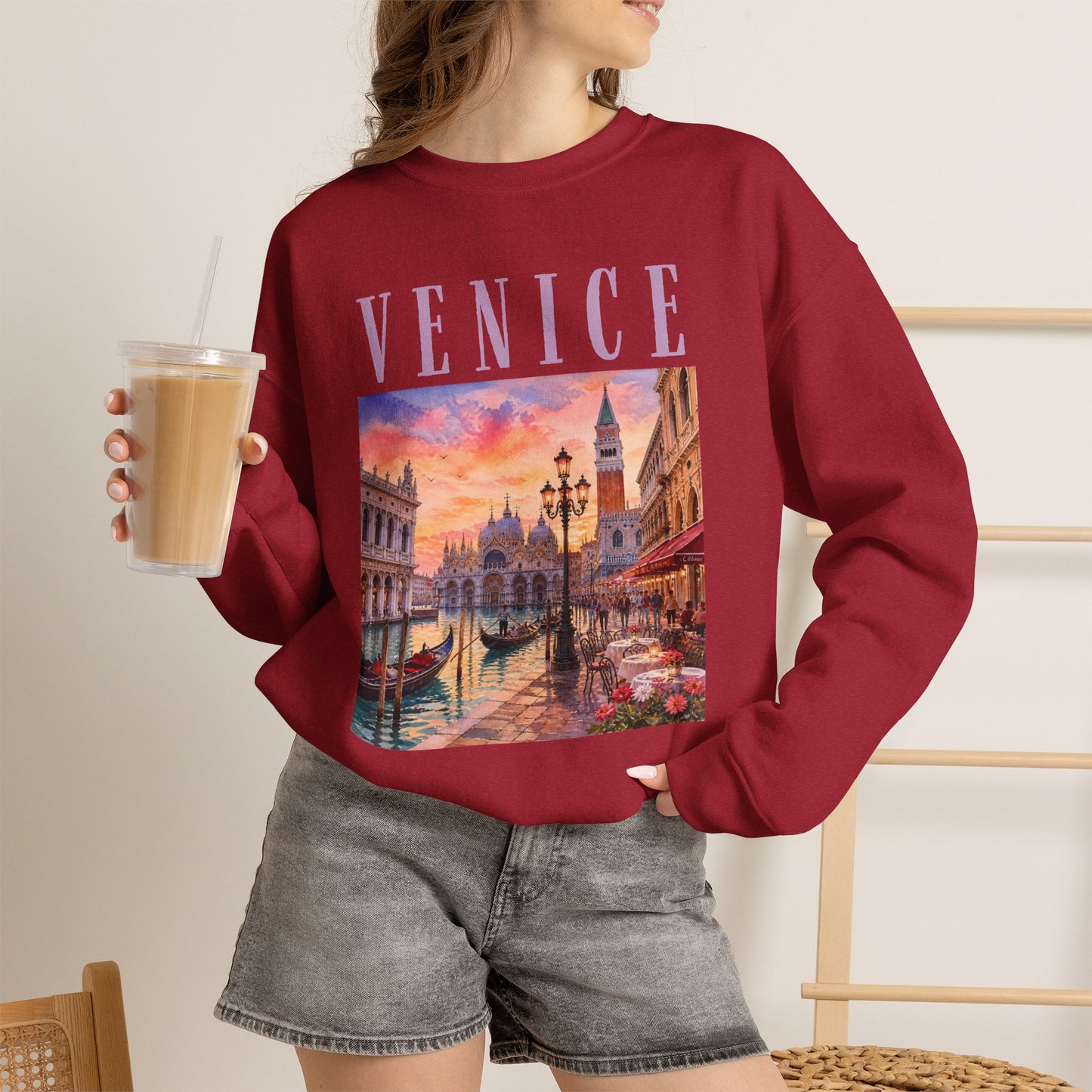 Venice Sunset Crewneck Sweatshirt — Vintage Canal Travel Graphic