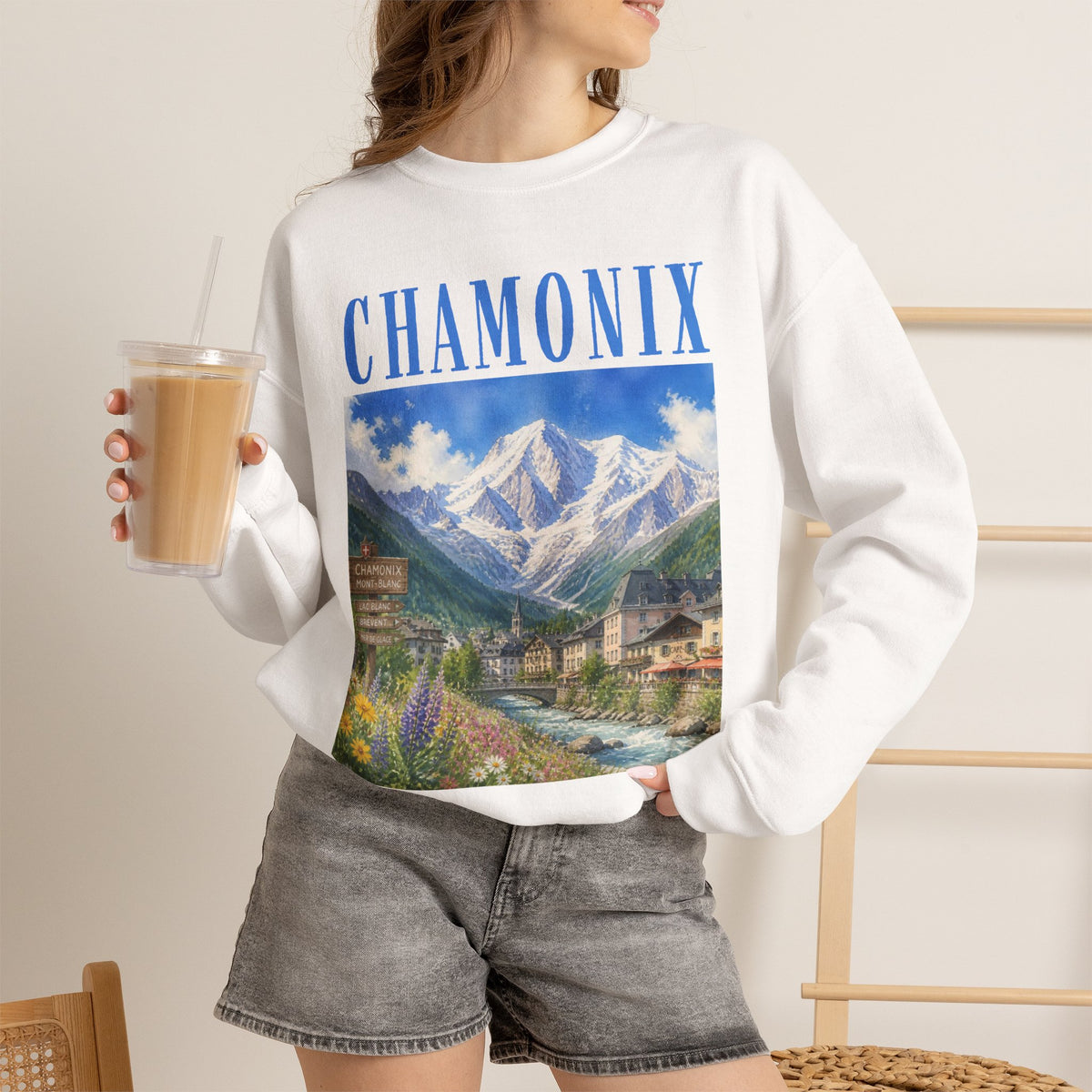 Chamonix Mountain Crewneck Sweatshirt — Alpine Scenic Graphic