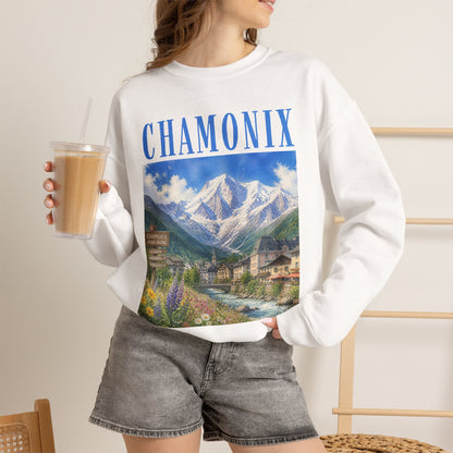 Chamonix Mountain Crewneck Sweatshirt — Alpine Scenic Graphic