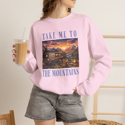 Take Me To The Mountains Sunset Crewneck Sweatshirt — Scenic Cabin Mountain Graphic