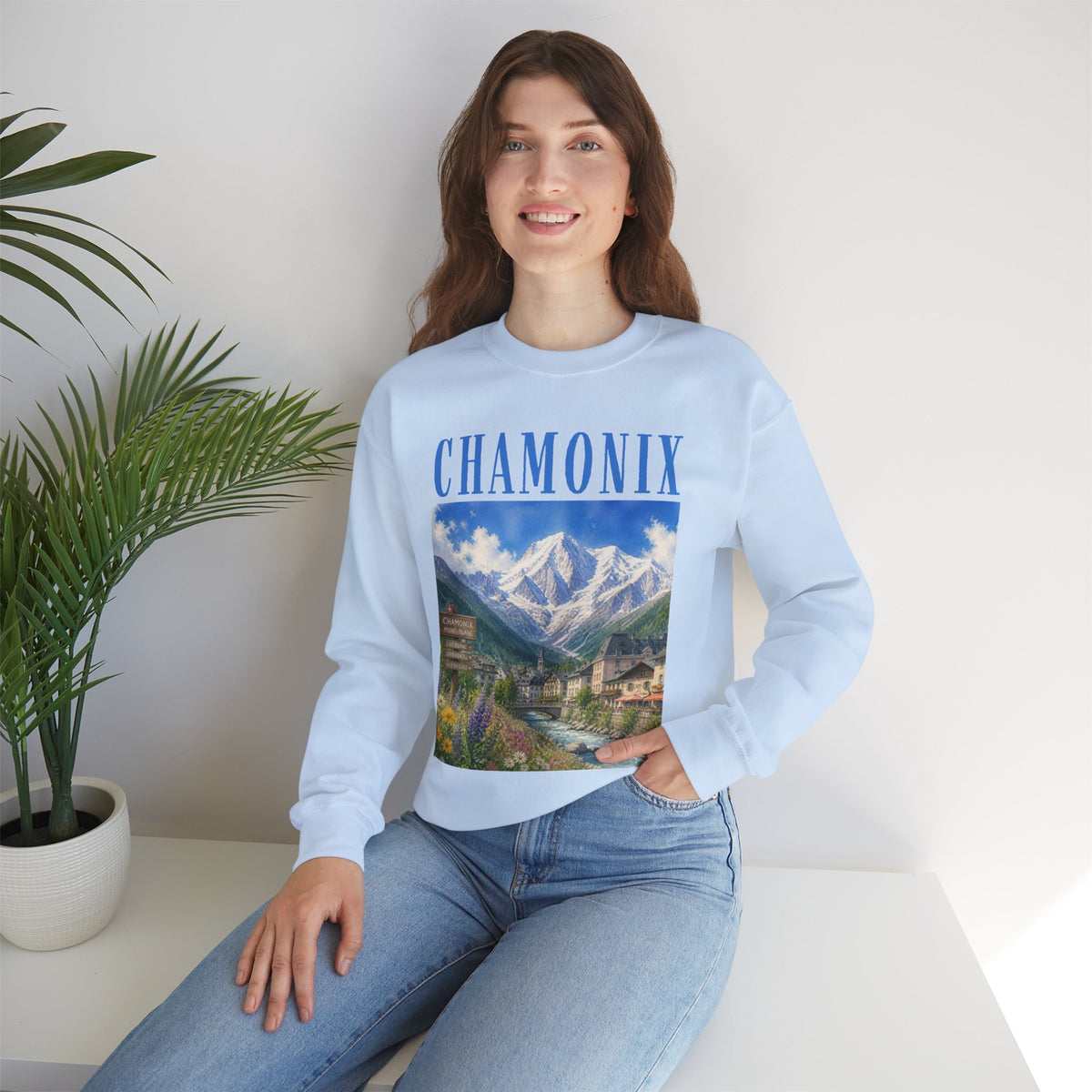 Chamonix Mountain Crewneck Sweatshirt — Alpine Scenic Graphic