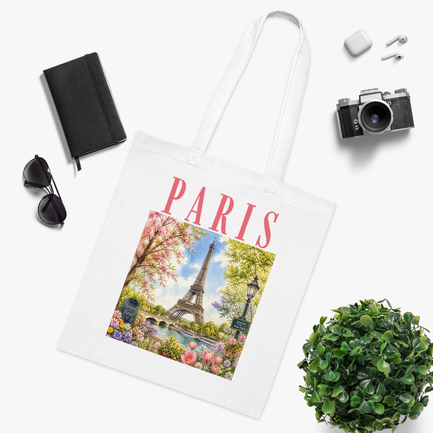Paris Floral Tote Bag — Eiffel Tower Springtime Canvas Cotton Tote