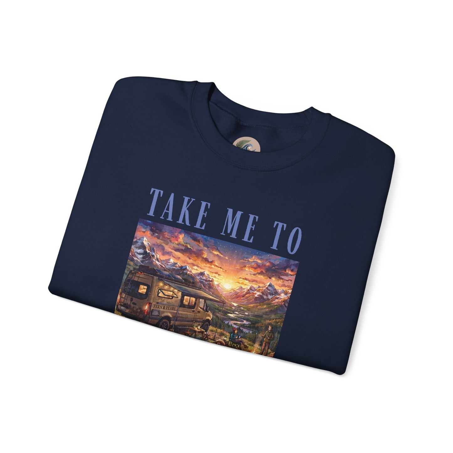 Take Me To The Mountains Sunset Crewneck Sweatshirt — Scenic Cabin Mountain Graphic