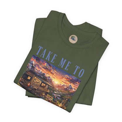 Take Me to the Mountains Sunset Tee — Scenic Cabin Sunset Graphic T-Shirt