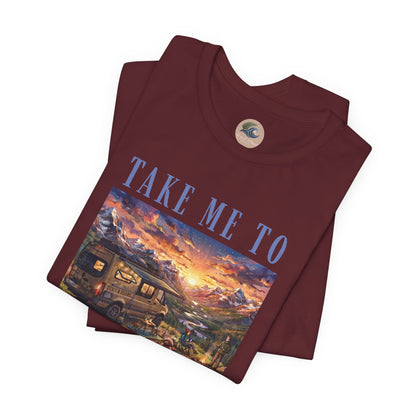 Take Me to the Mountains Sunset Tee — Scenic Cabin Sunset Graphic T-Shirt