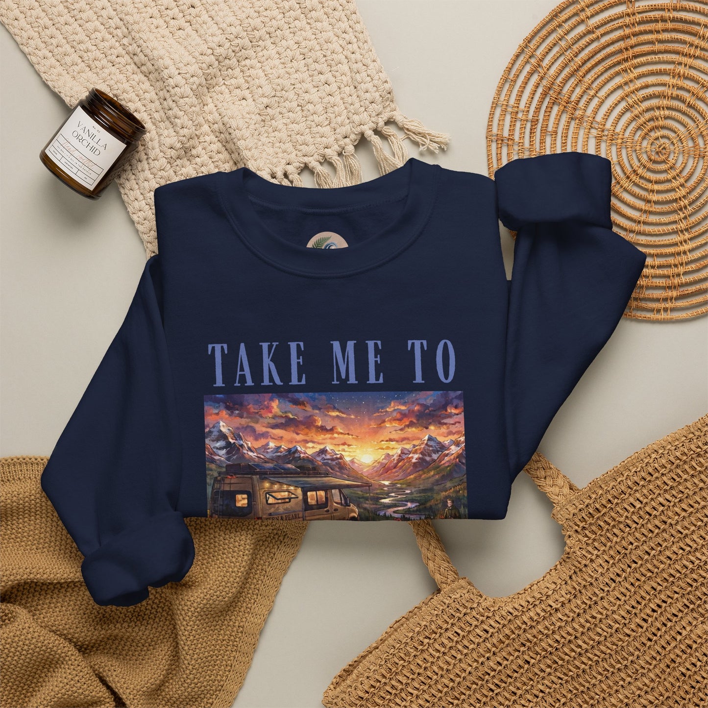 Take Me To The Mountains Sunset Crewneck Sweatshirt — Scenic Cabin Mountain Graphic
