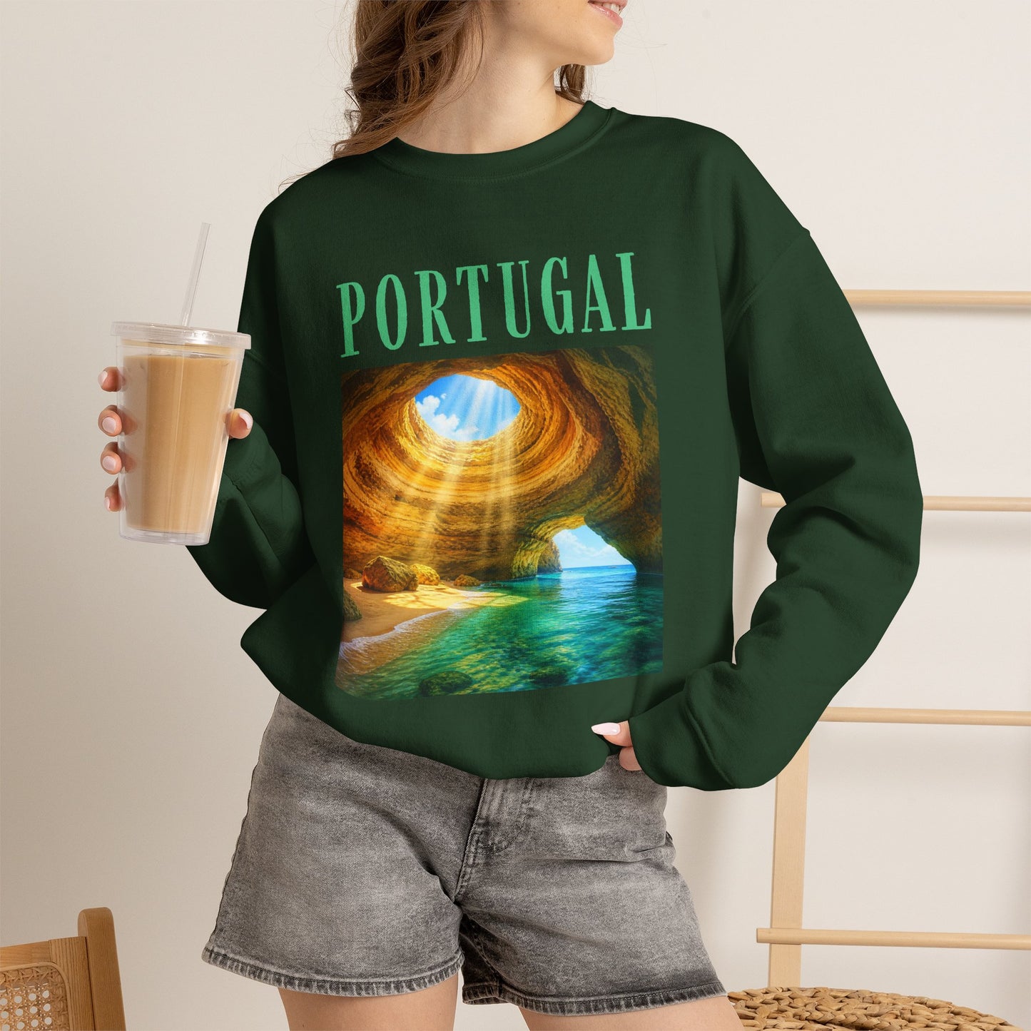 Portugal Benagil Cave Crewneck Sweatshirt — Coastal Travel Graphic Pullover