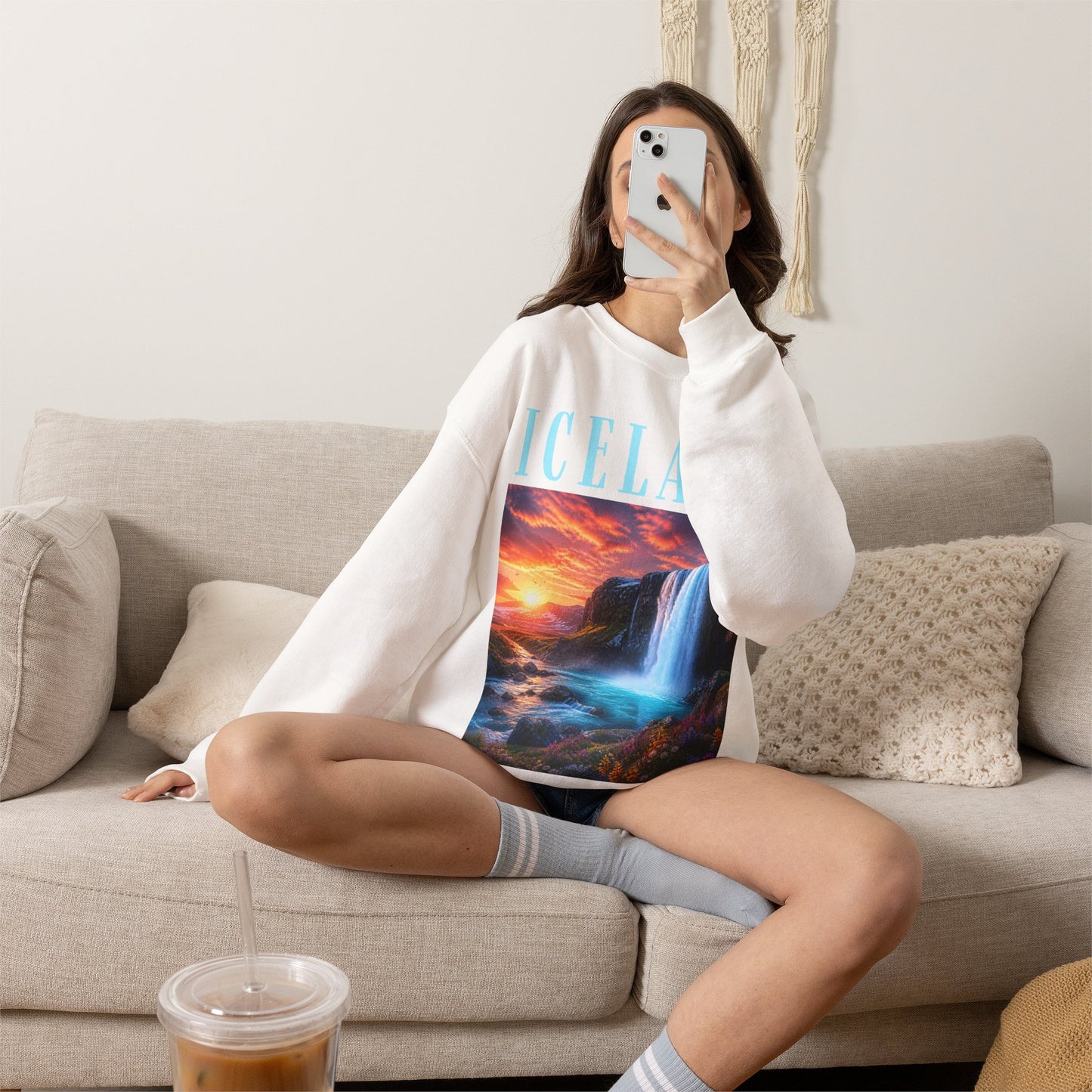 Iceland Waterfall Crewneck Sweatshirt — Scenic Sunset Travel Pullover