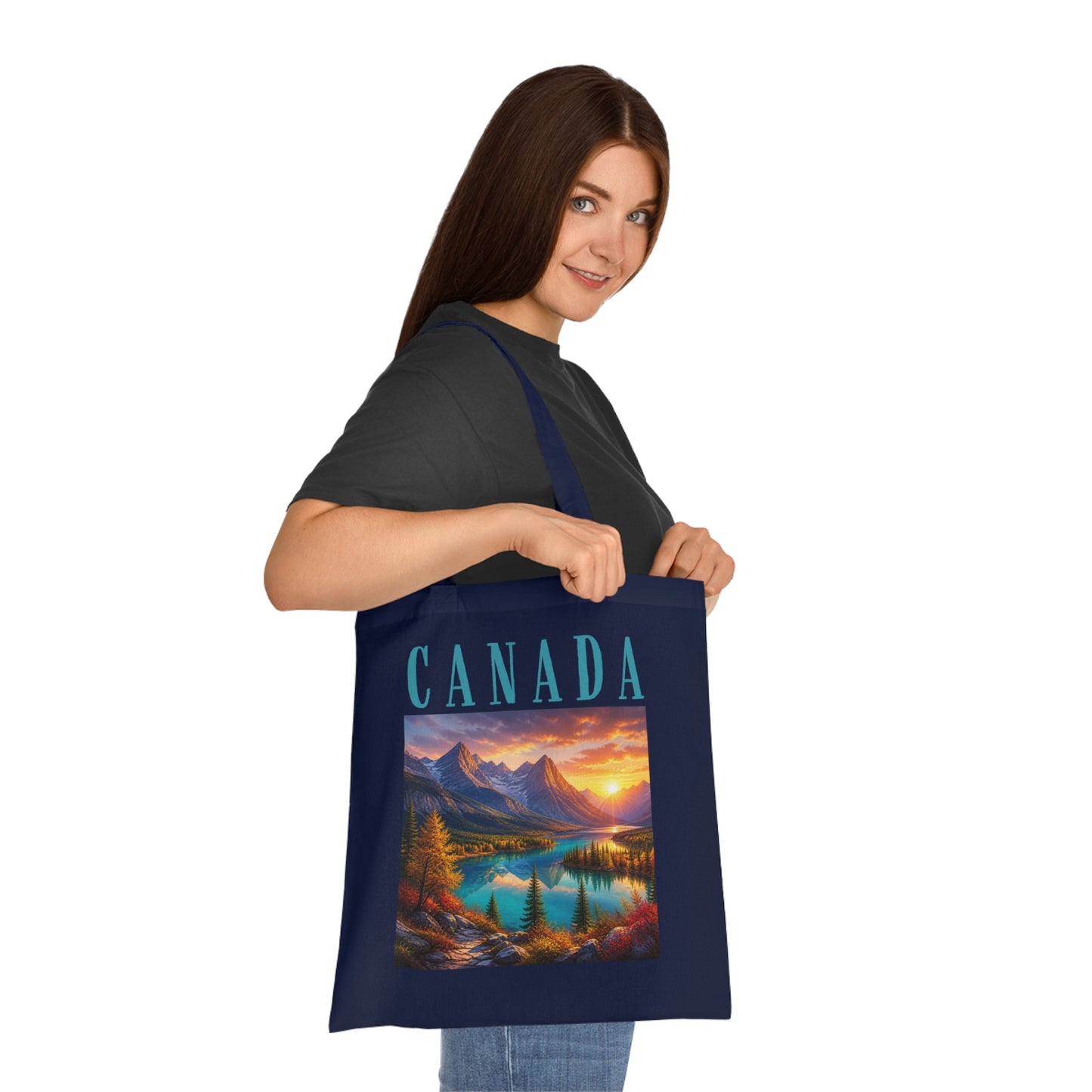 Canada Scenic Tote Bag — Mountain Lake Sunset Cotton Tote for Travel, Souvenir & Gift