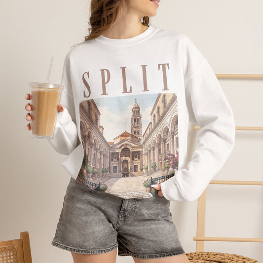 Split Travel Crewneck Sweatshirt — Vintage Croatian Cityscape Pullover