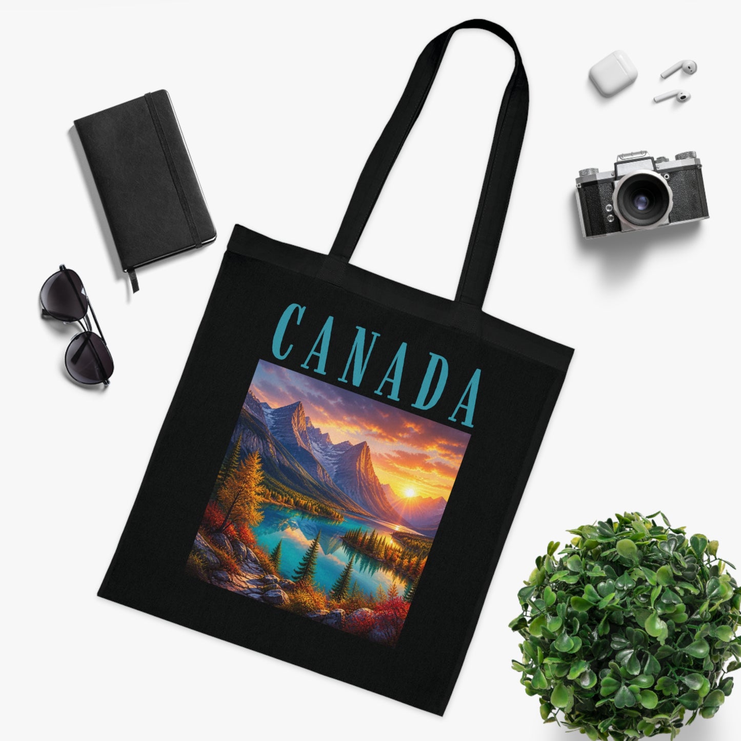 Canada Scenic Tote Bag — Mountain Lake Sunset Cotton Tote for Travel, Souvenir & Gift