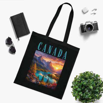 Canada Scenic Tote Bag — Mountain Lake Sunset Cotton Tote for Travel, Souvenir & Gift