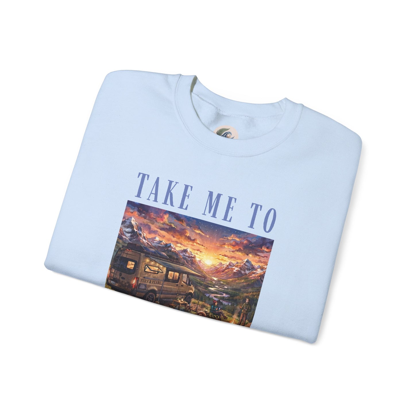 Take Me To The Mountains Sunset Crewneck Sweatshirt — Scenic Cabin Mountain Graphic