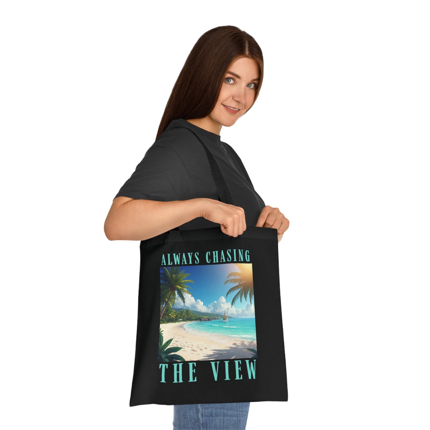 Railay Beach Tote Bag – "Always Chasing the View" Tropical Cotton Tote