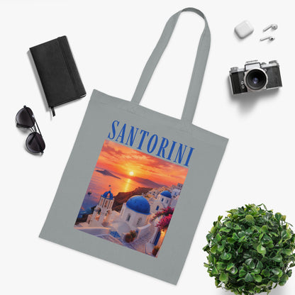 Santorini Sunset Cotton Tote Bag — Greek Island Travel Beach Tote