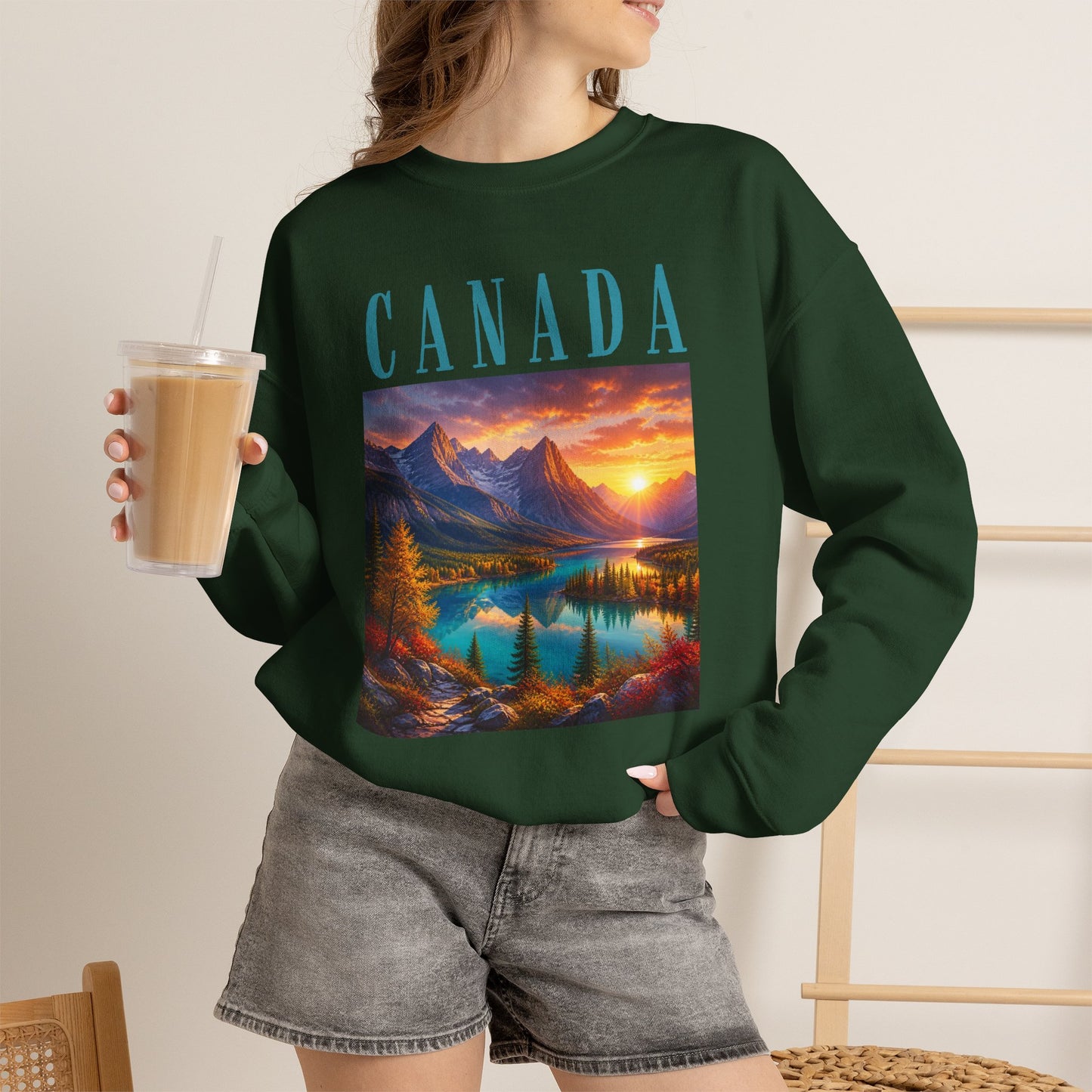 Canada Banff Scenic Crewneck Sweatshirt — Mountain Lake Sunset Graphic