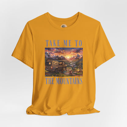 Take Me to the Mountains Sunset Tee — Scenic Cabin Sunset Graphic T-Shirt