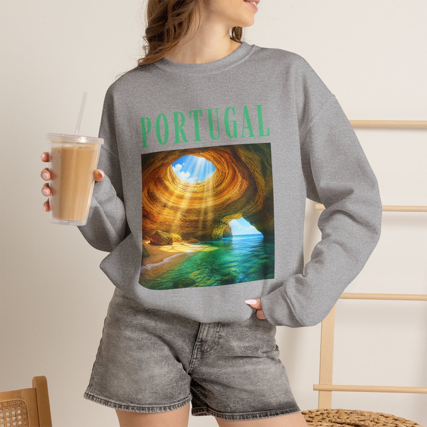 Portugal Benagil Cave Crewneck Sweatshirt — Coastal Travel Graphic Pullover