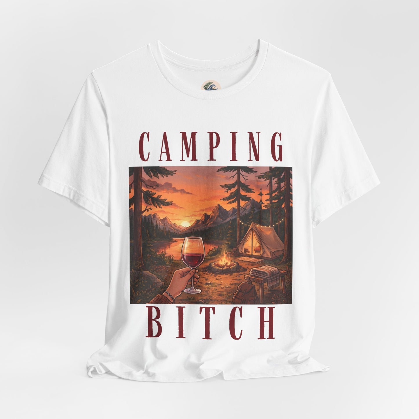 Camping Bitch Tee — Funny Outdoor Camping T-Shirt with Sunset Campfire Design