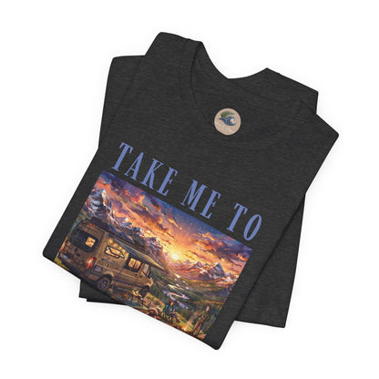 Take Me to the Mountains Sunset Tee — Scenic Cabin Sunset Graphic T-Shirt