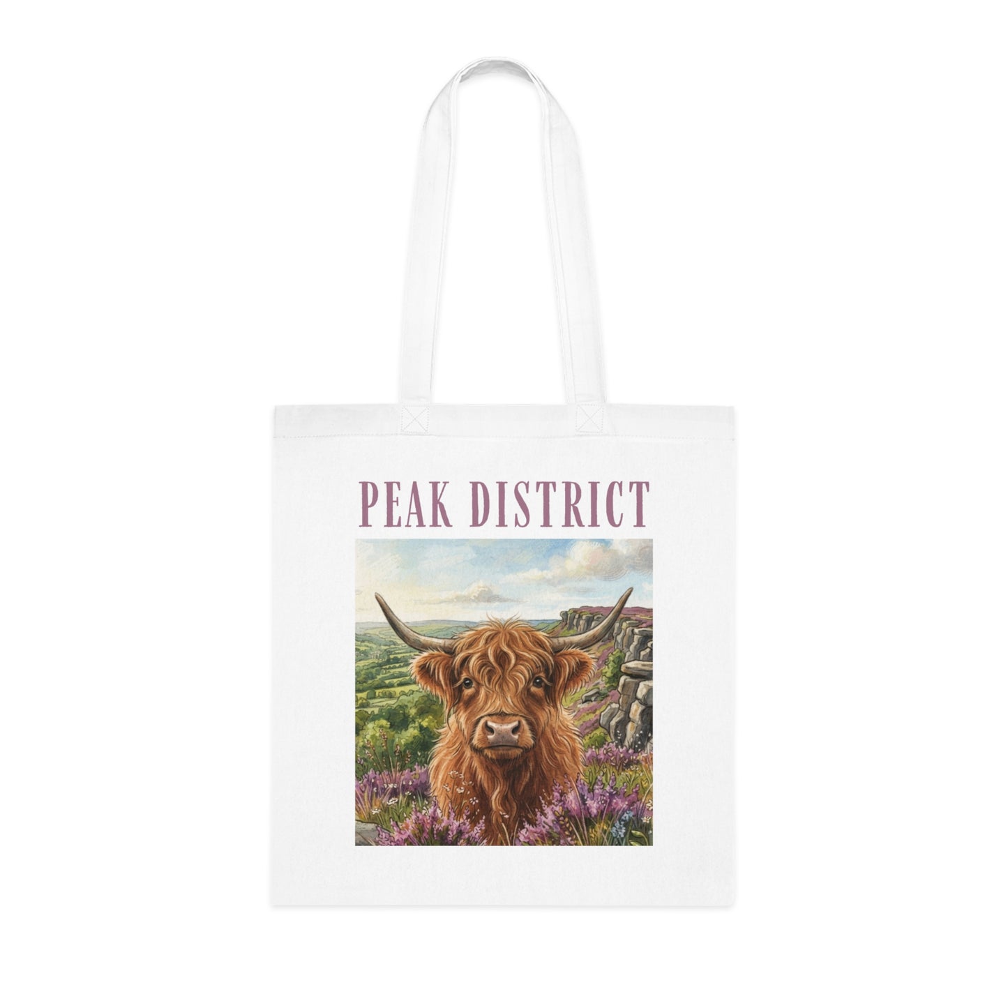 Peak District Highland Cow Tote Bag – Scenic Cotton Shopper with 'Peak District' Text