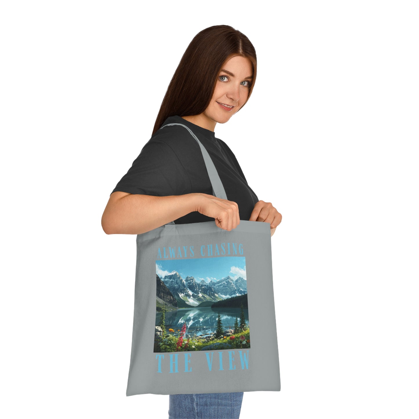 Always Chasing The View Cotton Tote — Scenic Mountain Lake Oeschinese Travel Tote