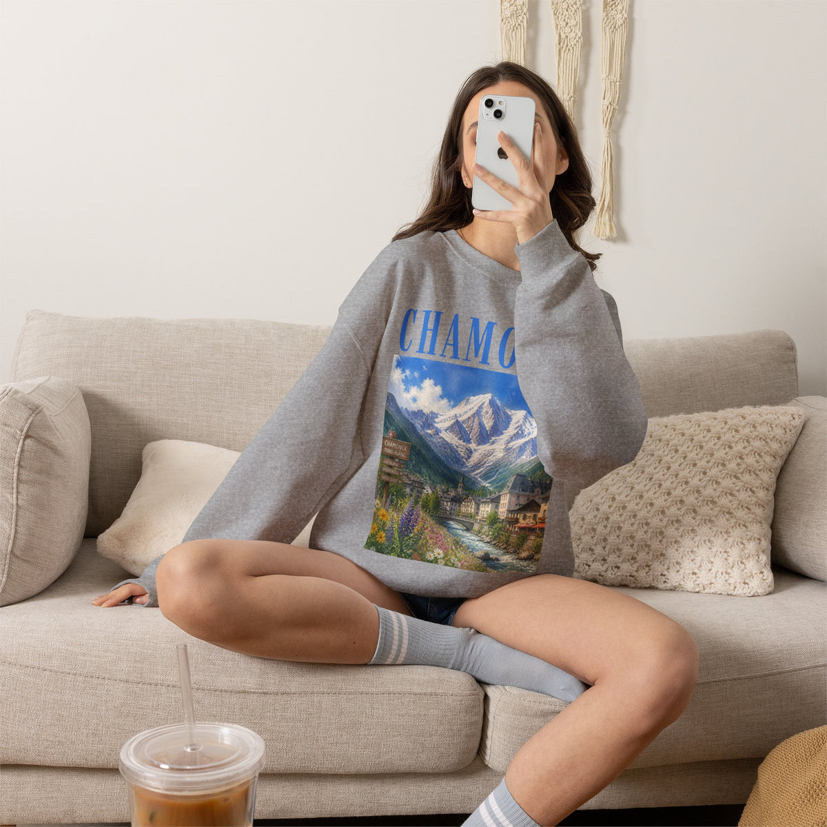 Chamonix Mountain Crewneck Sweatshirt — Alpine Scenic Graphic